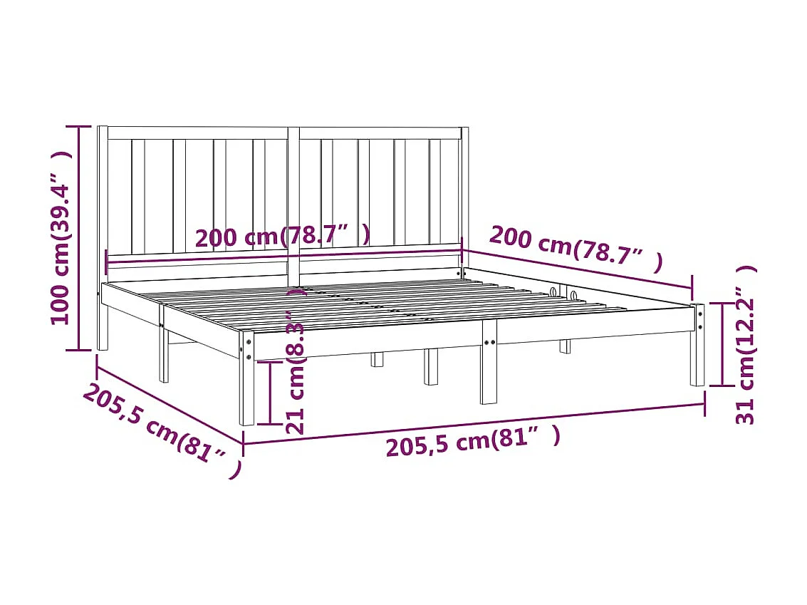 Lit double | Lit adulte | Cadre de lit noir bois massif de pin 200x200 cm