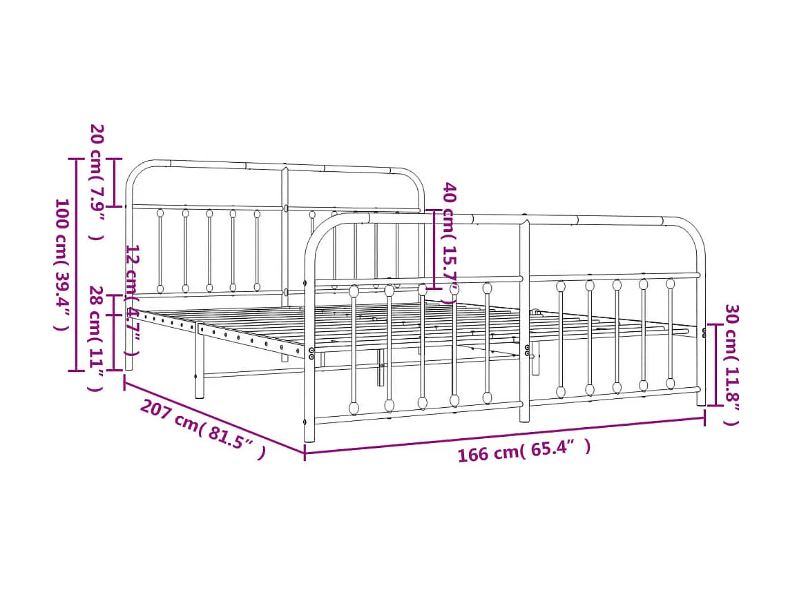 Lit double | Lit adulte | Cadre de lit métal et pied de lit blanc 160x200 cm
