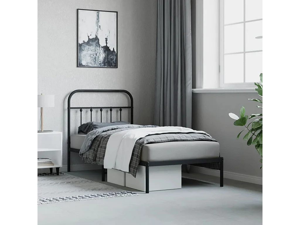 Lit simple | Lit adulte, enfant | Cadre de lit métal avec tête de lit noir 90x200 cm
