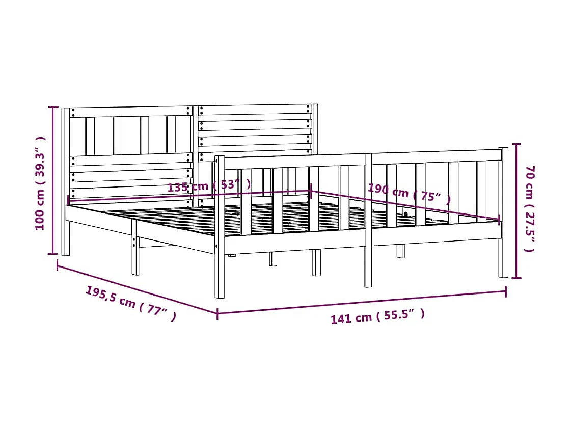Lit double | Lit adulte | Cadre de lit bois massif 135x190 cm