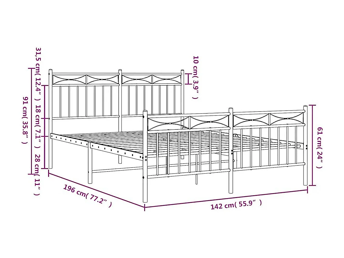 Lit double | Lit adulte | Cadre de lit métal et pied de lit blanc 135x190 cm