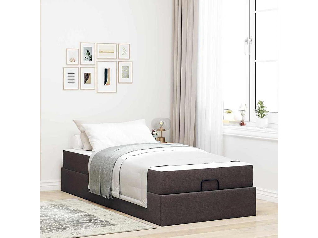 Lit simple | Lit adulte, enfant | Cadre de lit avec matelas Marron foncé 100x200 cm tissu