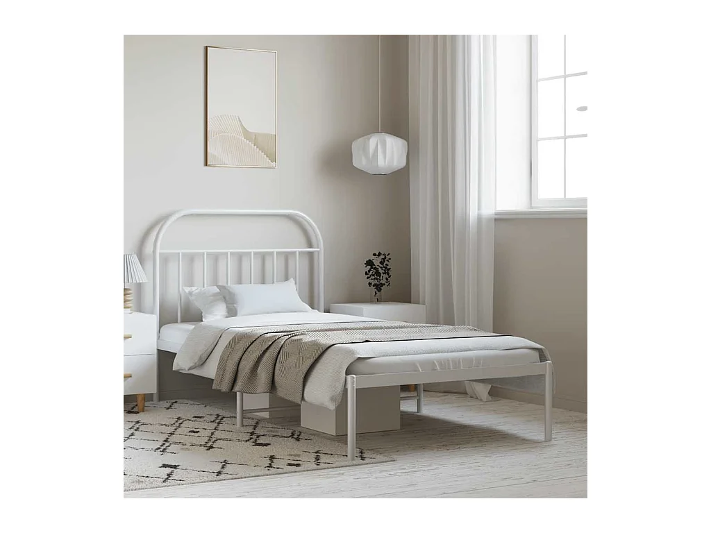 Lit simple | Lit adulte, enfant | Cadre de lit métal et tête de lit blanc 100x190 cm