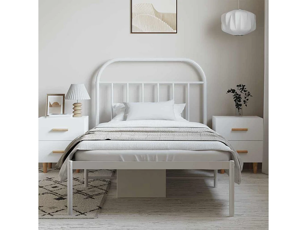 Lit simple | Lit adulte, enfant | Cadre de lit métal et tête de lit blanc 100x190 cm