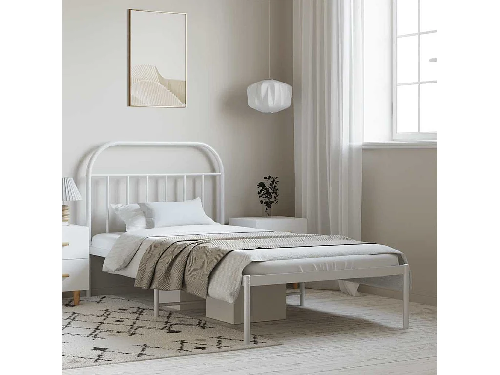 Lit simple | Lit adulte, enfant | Cadre de lit métal et tête de lit blanc 100x190 cm