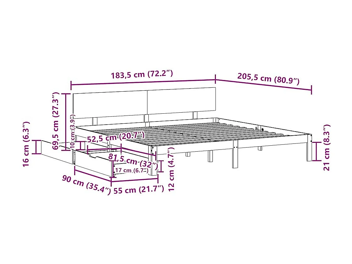 Letto per adulti | Letto matrimoniale | Giroletto con Cassetti Bianco 180x200 cm Legno Massello di Pino