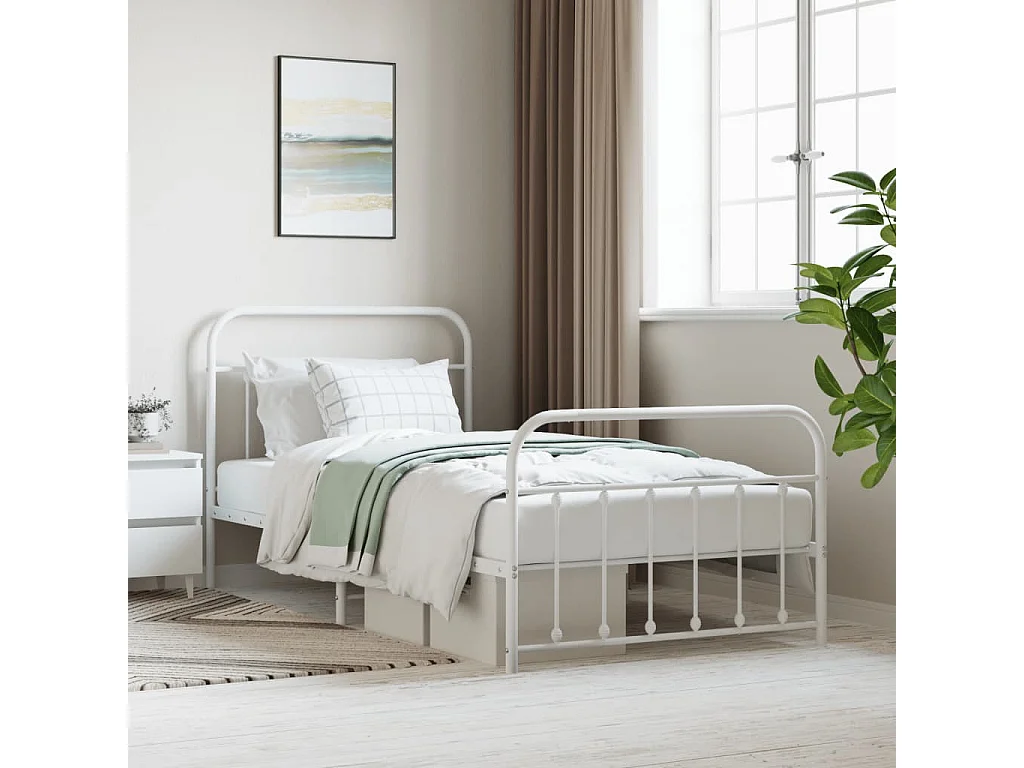 Lit simple | Lit adulte, enfant | Cadre de lit métal et pied de lit blanc 107x203 cm