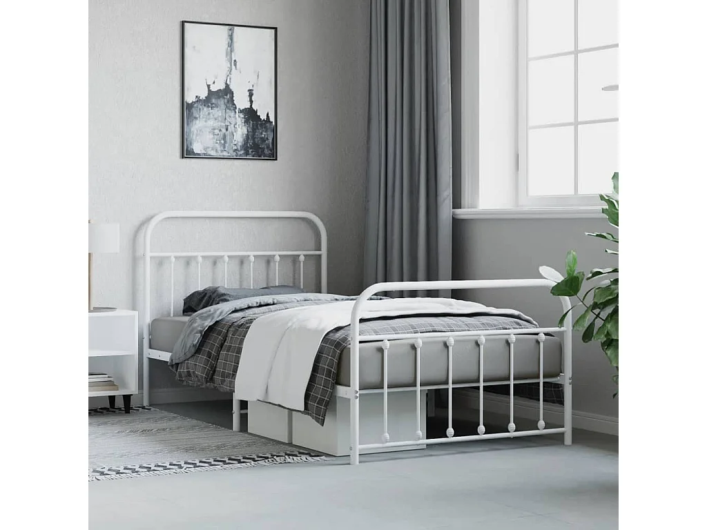 Lit simple | Lit adulte, enfant | Cadre de lit métal et pied de lit blanc 107x203 cm