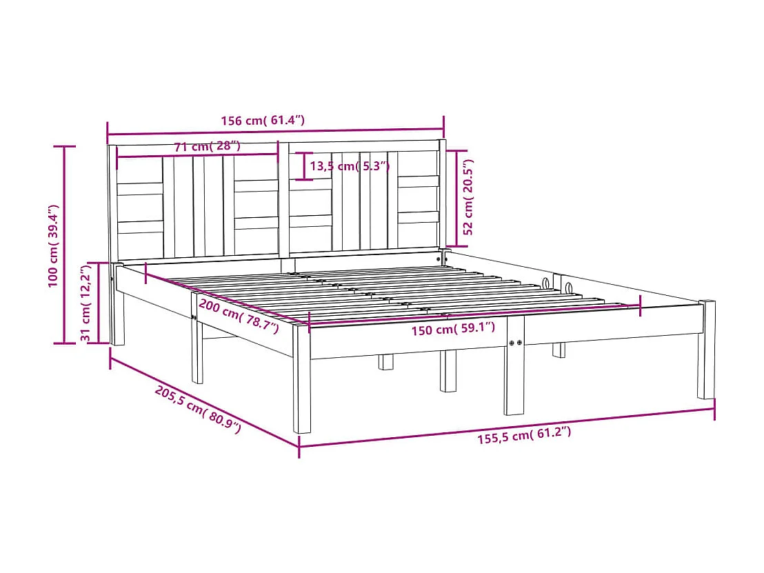 Lit double | Lit adulte | Cadre de lit blanc 150x200 cm bois massif