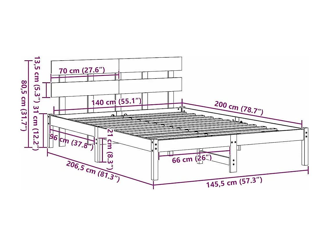 Lit double | Lit adulte | Cadre de lit Marron 140x200 cm Bois de pin massif