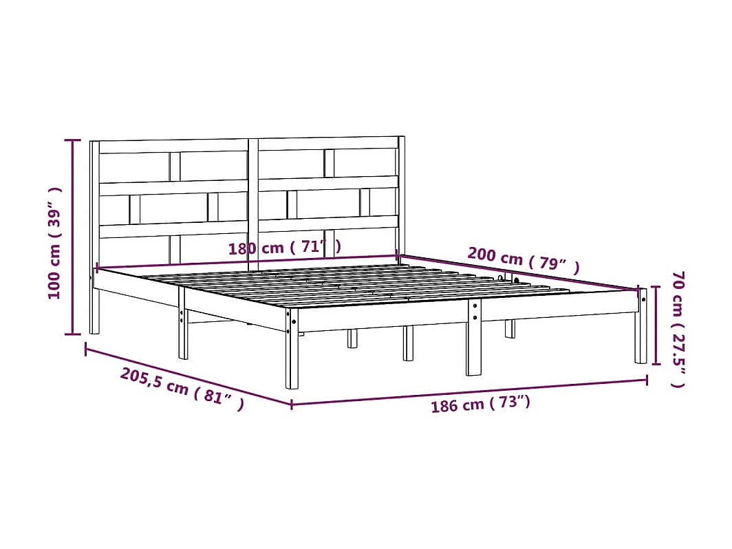 Lit double | Lit adulte | Cadre de lit blanc bois massif 180x200 cm