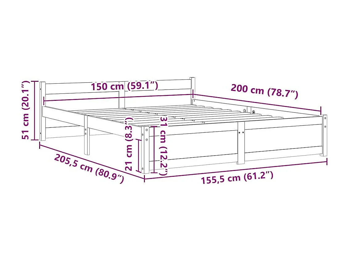 Lit double | Lit adulte | Cadre de lit blanc bois massif 150x200 cm