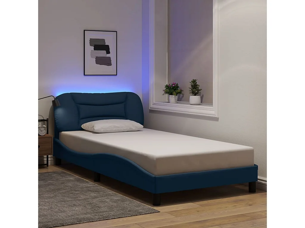 Lit simple | Lit adulte, enfant | Cadre de lit avec LED bleu 100x200 cm tissu