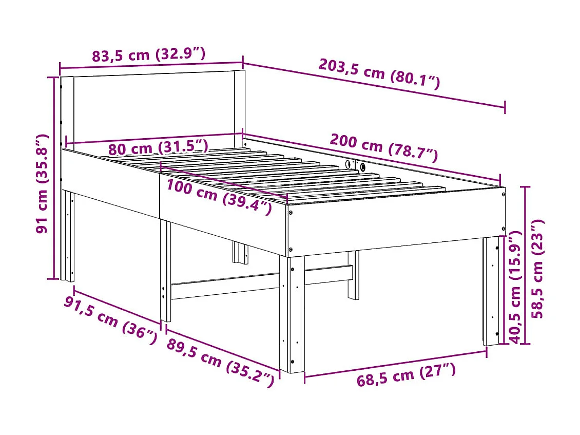 Lit simple | Lit adulte, enfant | Cadre de lit blanc 80x200 cm bois massif de pin
