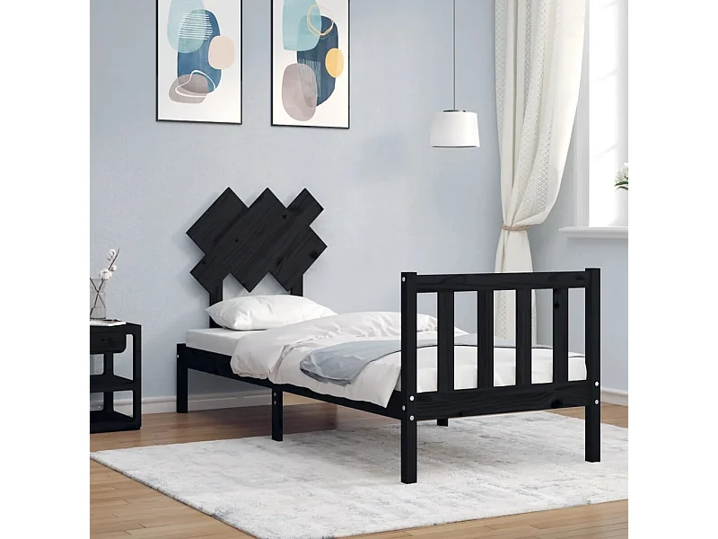 Lit simple | Lit adulte, enfant | Cadre de lit noir bois de pin massif 75x190 cm