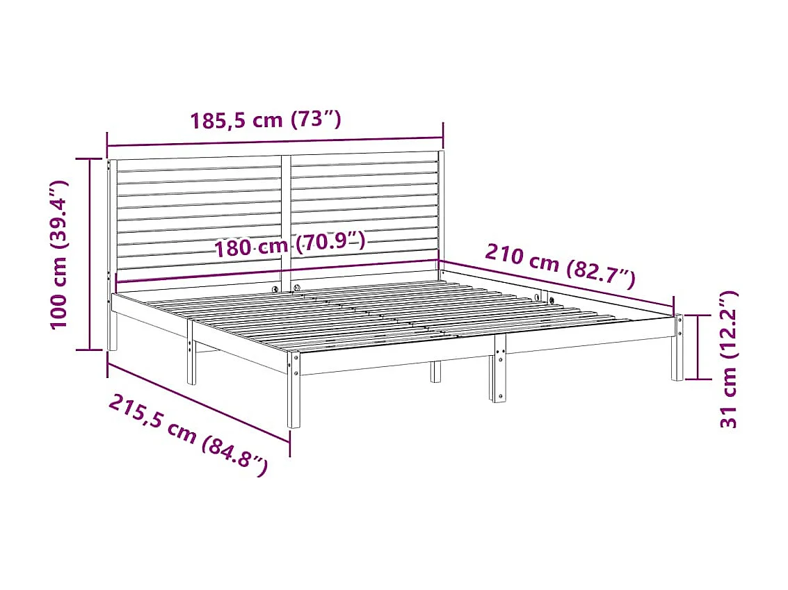 Lit double | Lit adulte | Cadre de lit extra long 180x210 cm bois massif
