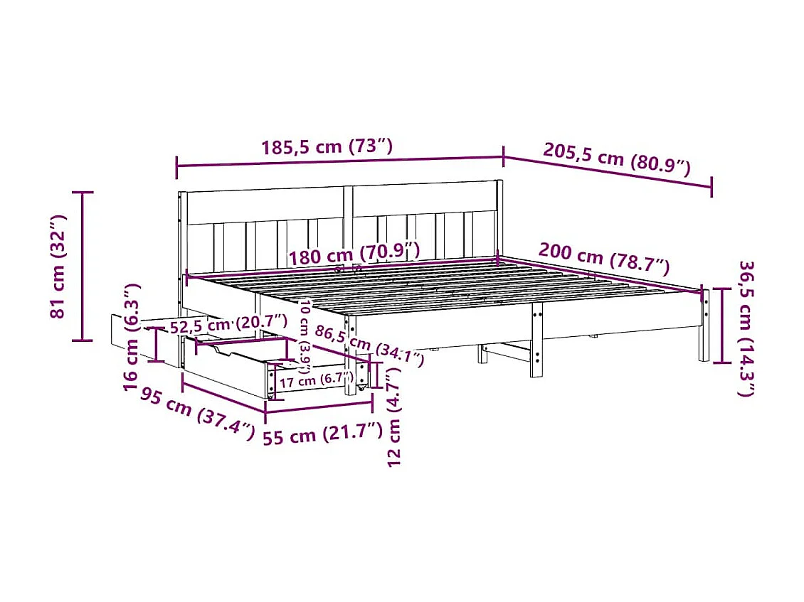 Lit double | Lit adulte | Cadre de lit 180x200 cm bois massif de pin