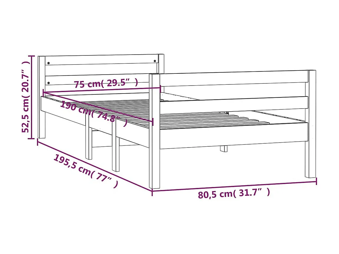 Bedframe | Eenpersoonsbed 75x190 cm massief grenenhout zwart