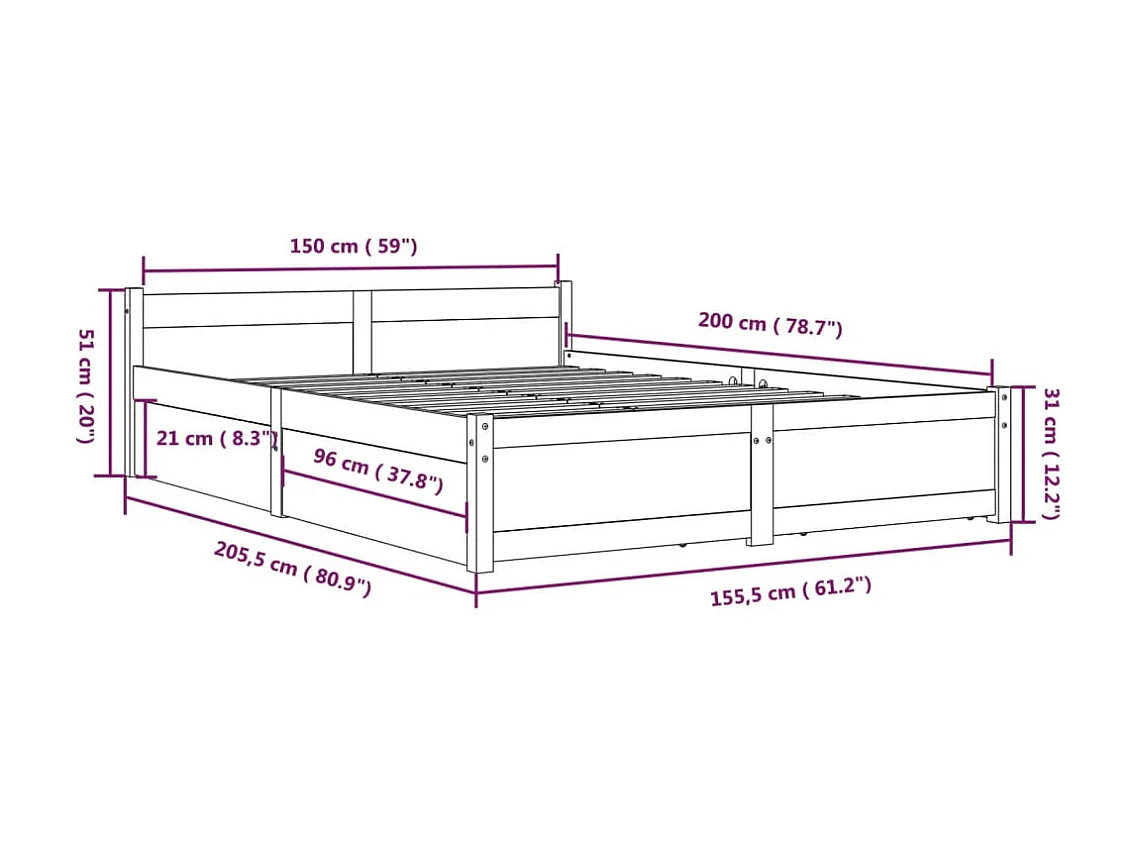 Lit double | Lit adulte | Cadre de lit avec tiroirs blanc 150x200 cm
