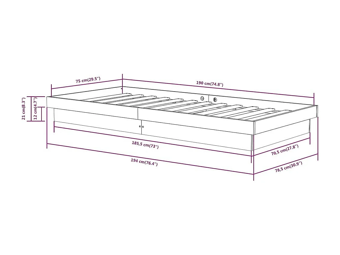 Lit simple | Lit adulte, enfant | Cadre de lit noir bois massif 75x190 cm