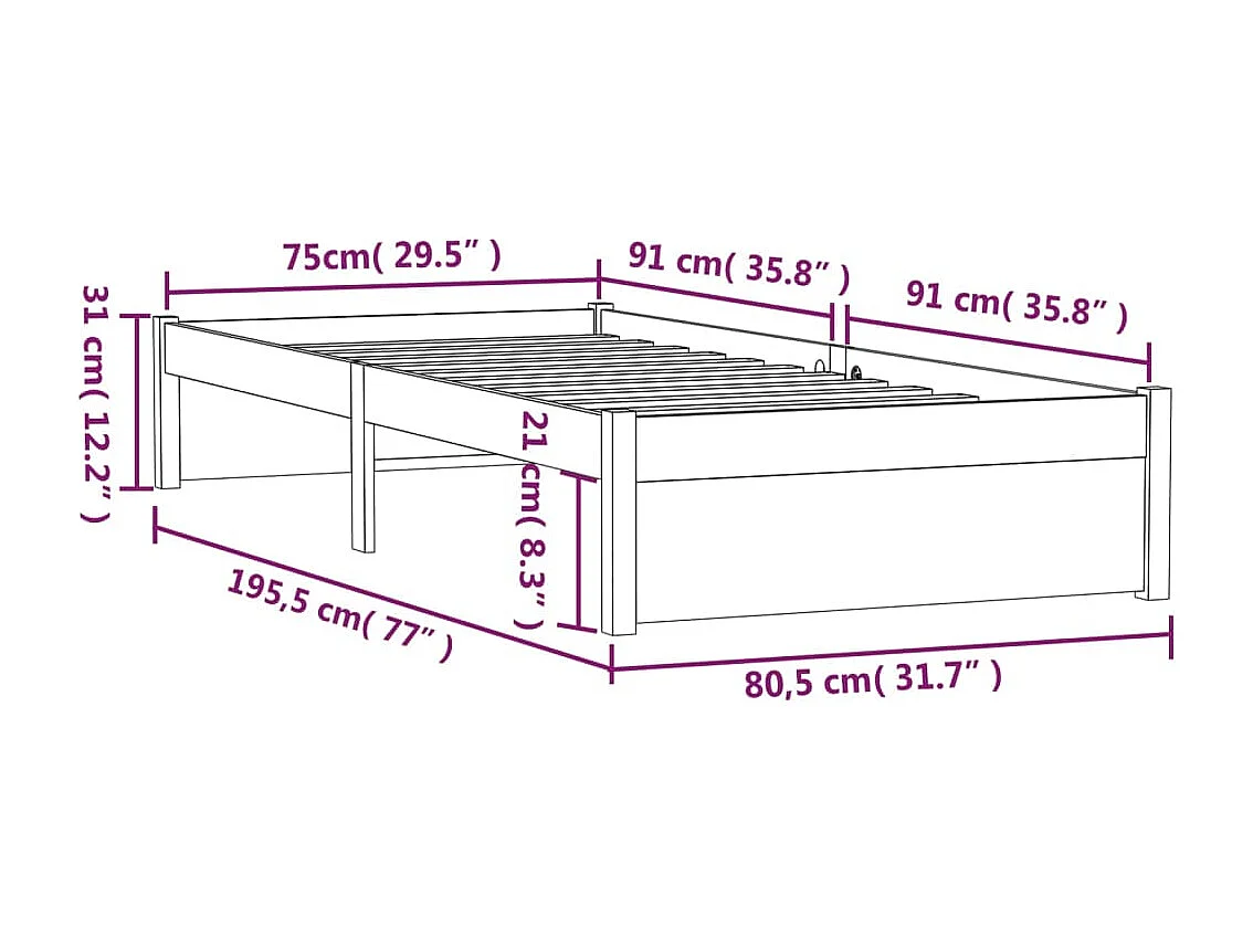 Lit simple | Lit adulte, enfant | Cadre de lit noir bois massif 75x190 cm