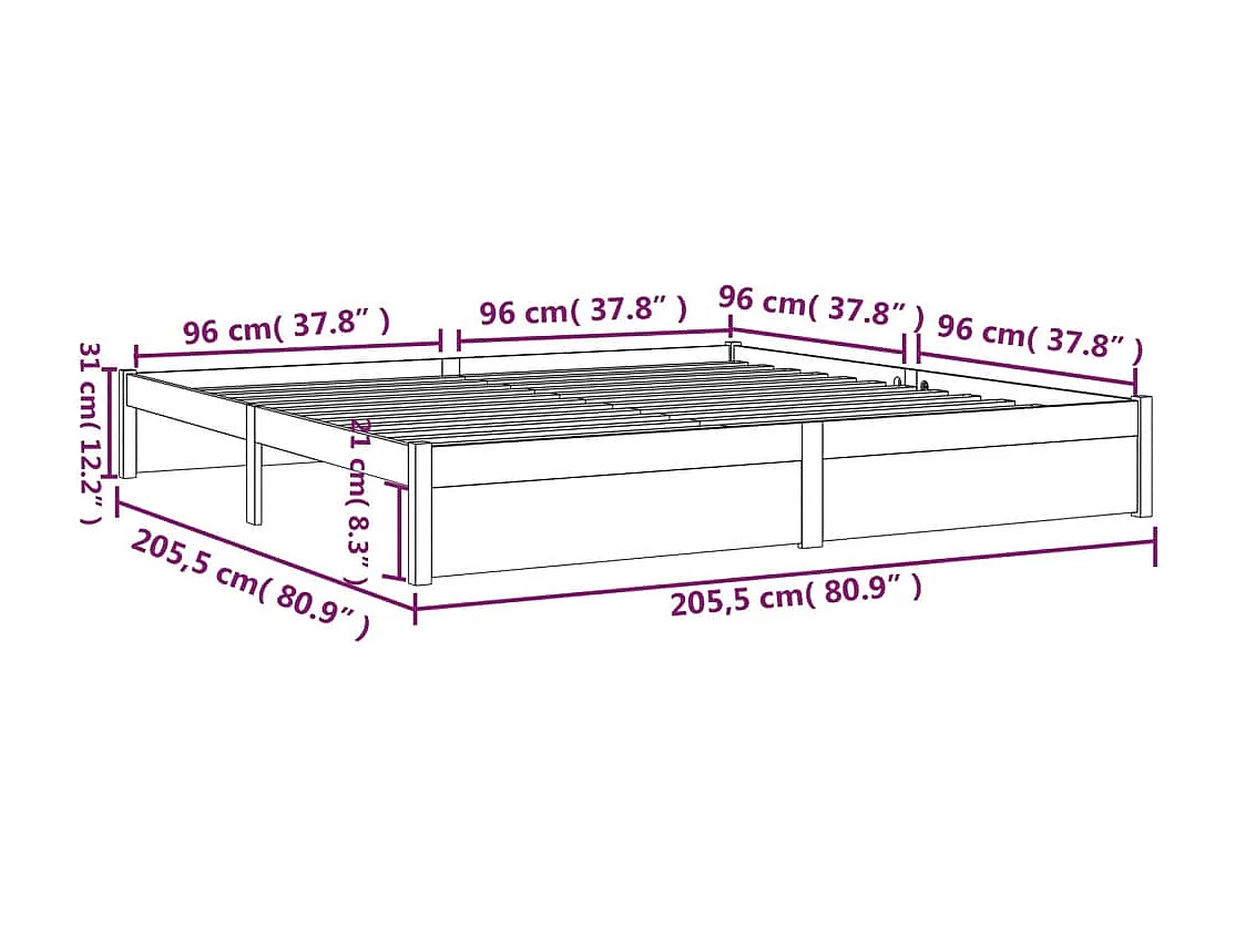 Lit double | Lit adulte | Cadre de lit blanc bois massif 200x200 cm