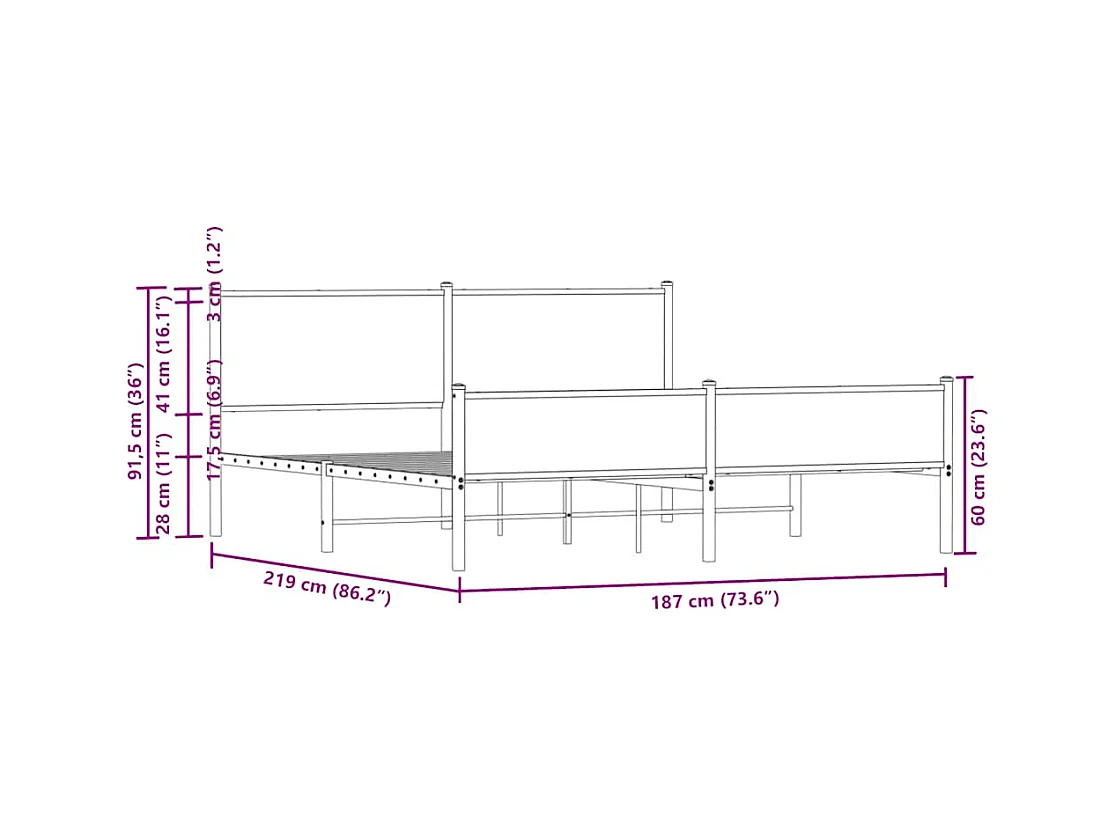 Letto per adulti | Letto matrimoniale | Giroletto senza Materaso in Metallo Rovere Fumo 183x213 cm