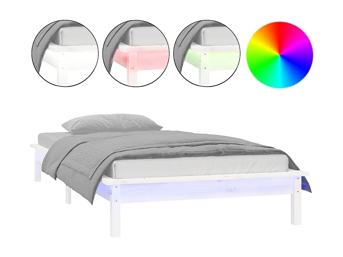 Lit simple | Lit adulte, enfant | Cadre de lit à LED blanc 90x190 cm simple bois massif