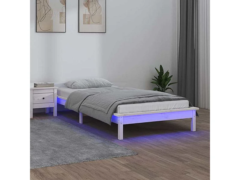 Lit simple | Lit adulte, enfant | Cadre de lit à LED blanc 90x190 cm simple bois massif
