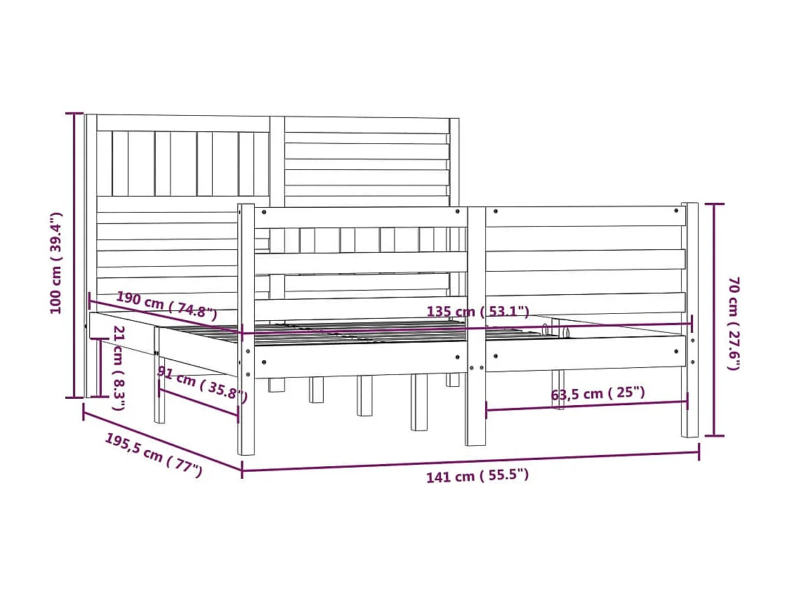 Lit double | Lit adulte | Cadre de lit 135x190 cm bois massif