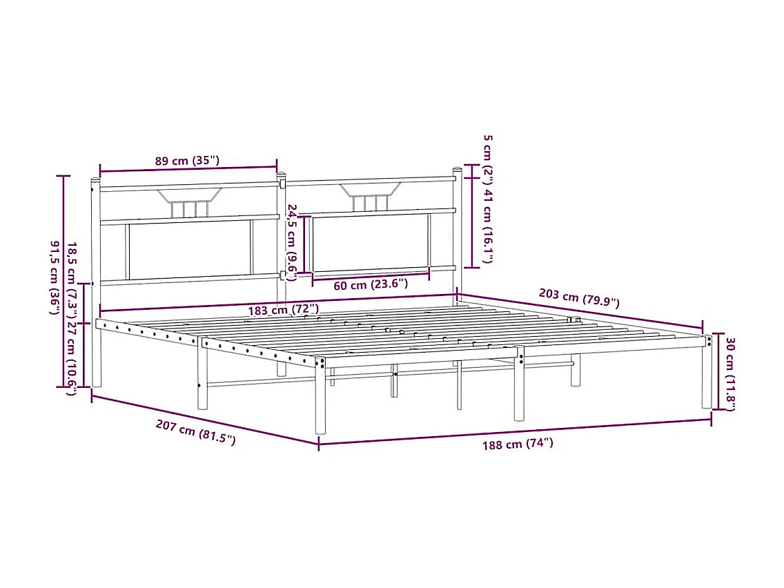 Letto per adulti | Letto matrimoniale | Giroletto senza Materasso Rovere Fumo 183x203 cm in Truciolato