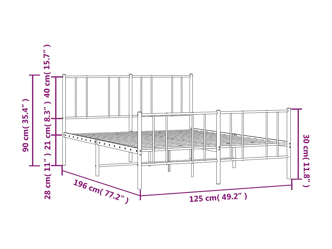 Lit simple | Lit adulte, enfant | Cadre de lit métal et pied de lit blanc 120x190 cm
