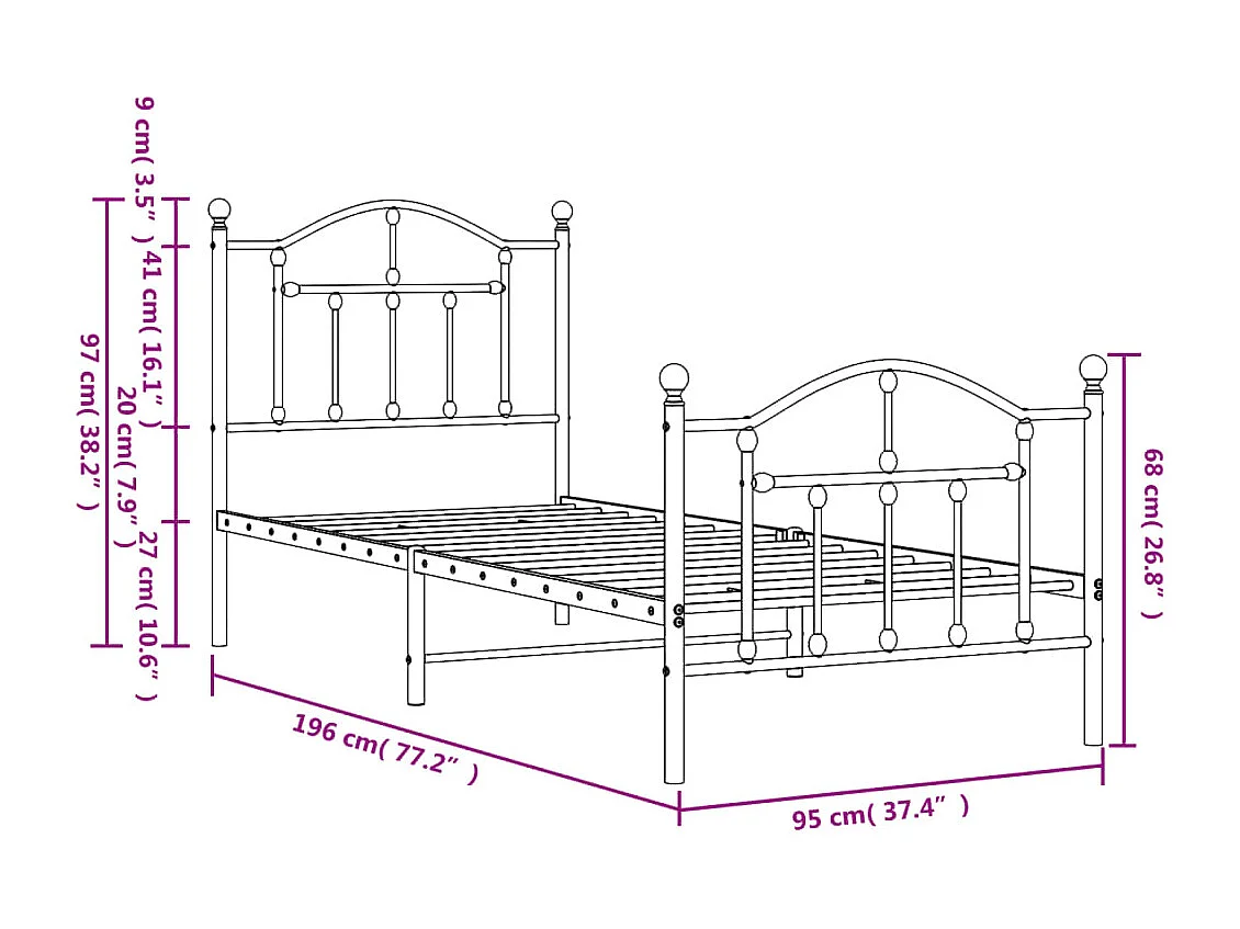 Lit simple | Lit adulte, enfant | Cadre de lit métal avec pied de lit blanc 90x190cm