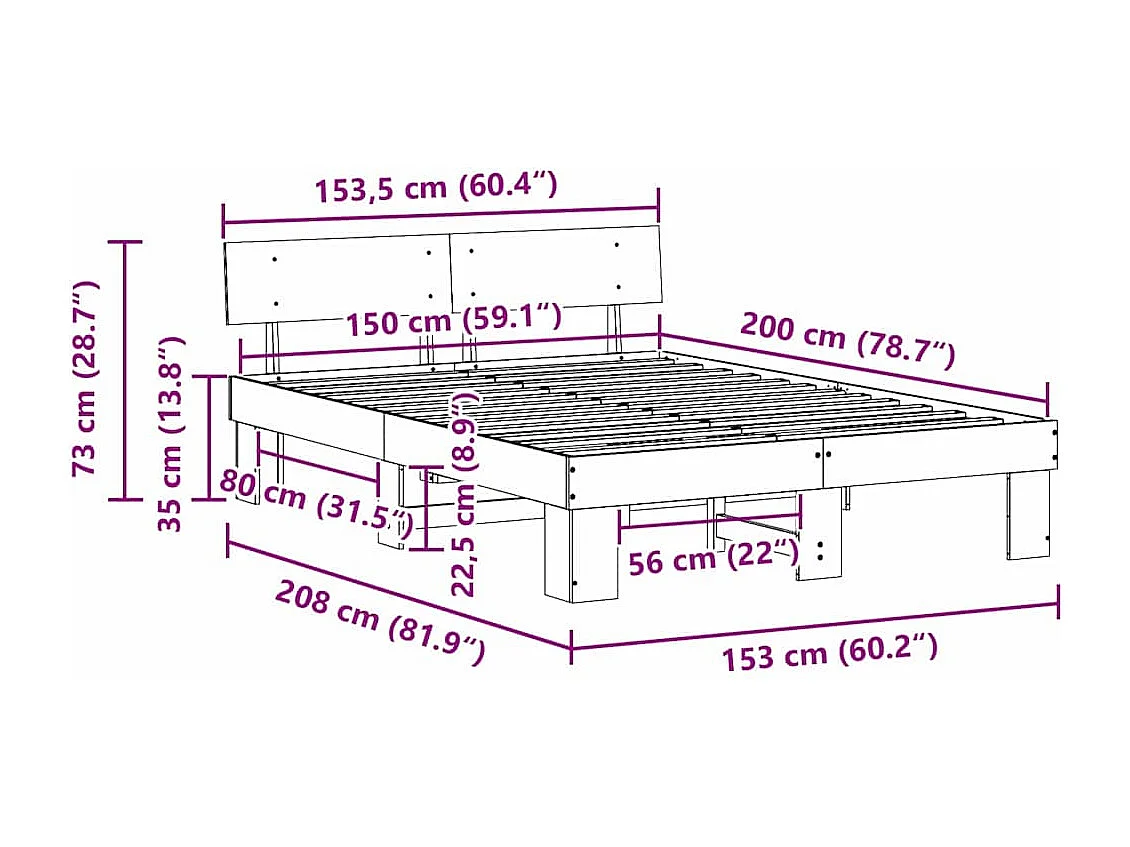 Lit double | Lit adulte | Cadre de lit Blanc 150x200 cm Bois massif en pin