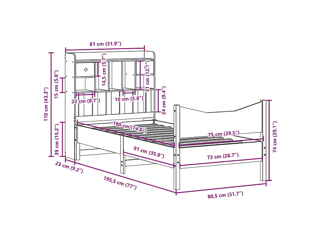 Letto per adulti | Letto singolo | Giroletto senza Materasso Bianco 75x190 cm Legno Massello di Pino