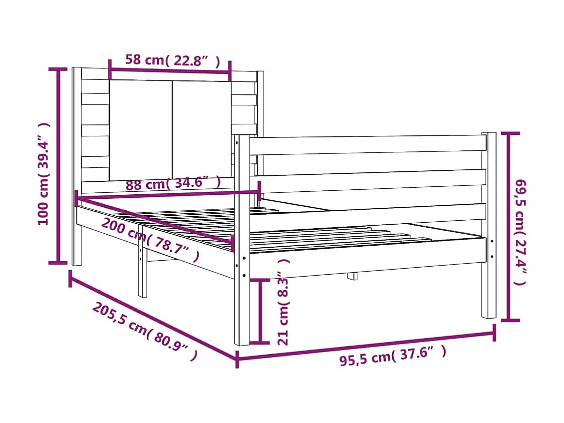 Lit simple | Lit adulte, enfant | Cadre de lit 90x200 cm bois de pin massif
