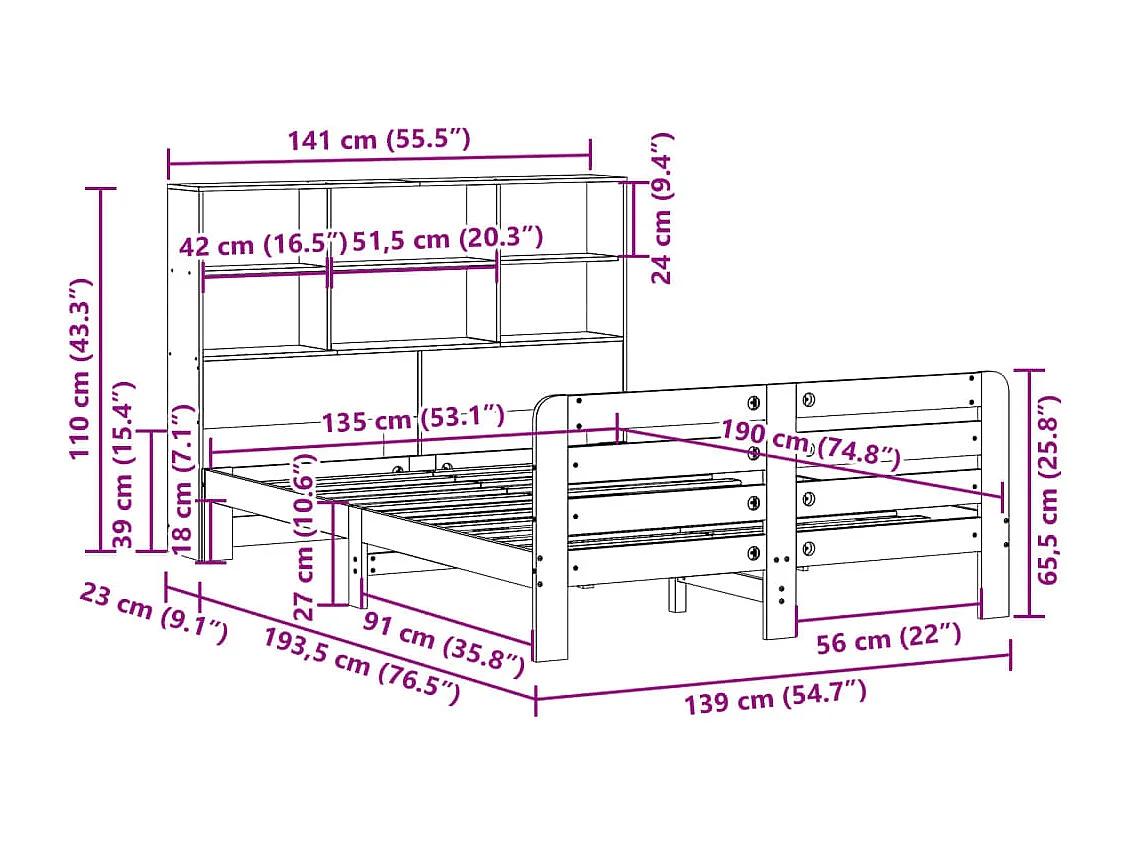Lit double | Lit adulte | Cadre de lit cire marron 135x190cm bois pin massif