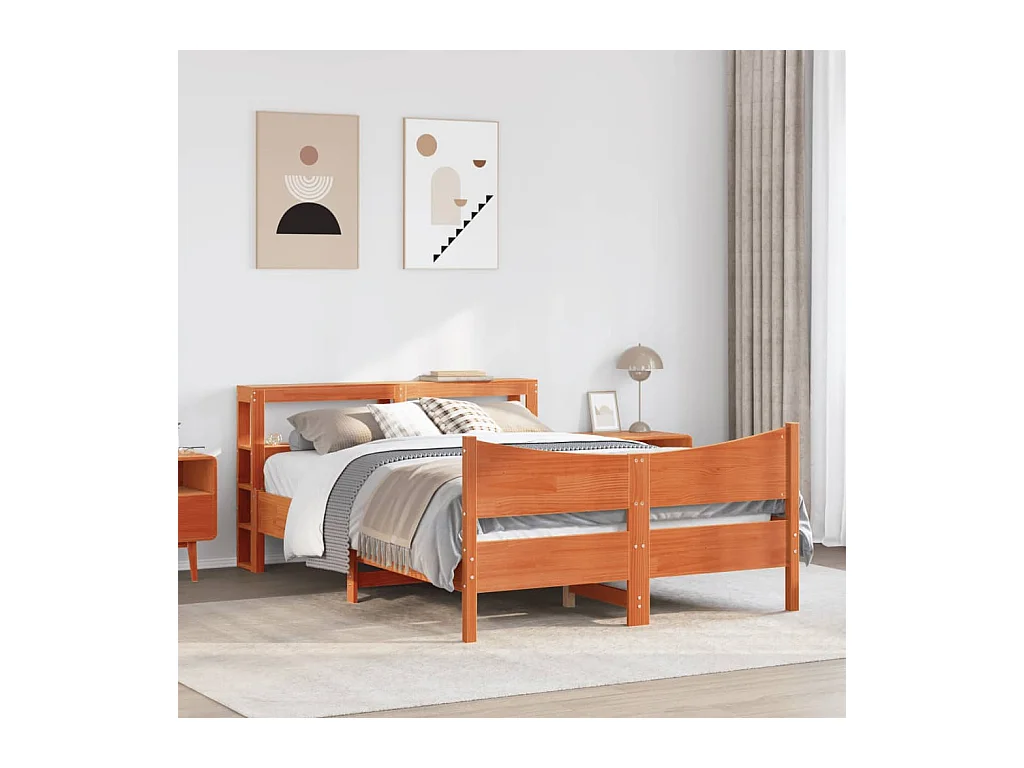 Letto per adulti | Letto matrimoniale | Giroletto con Testiera Marrone Cera 140x190 cm Massello Pino