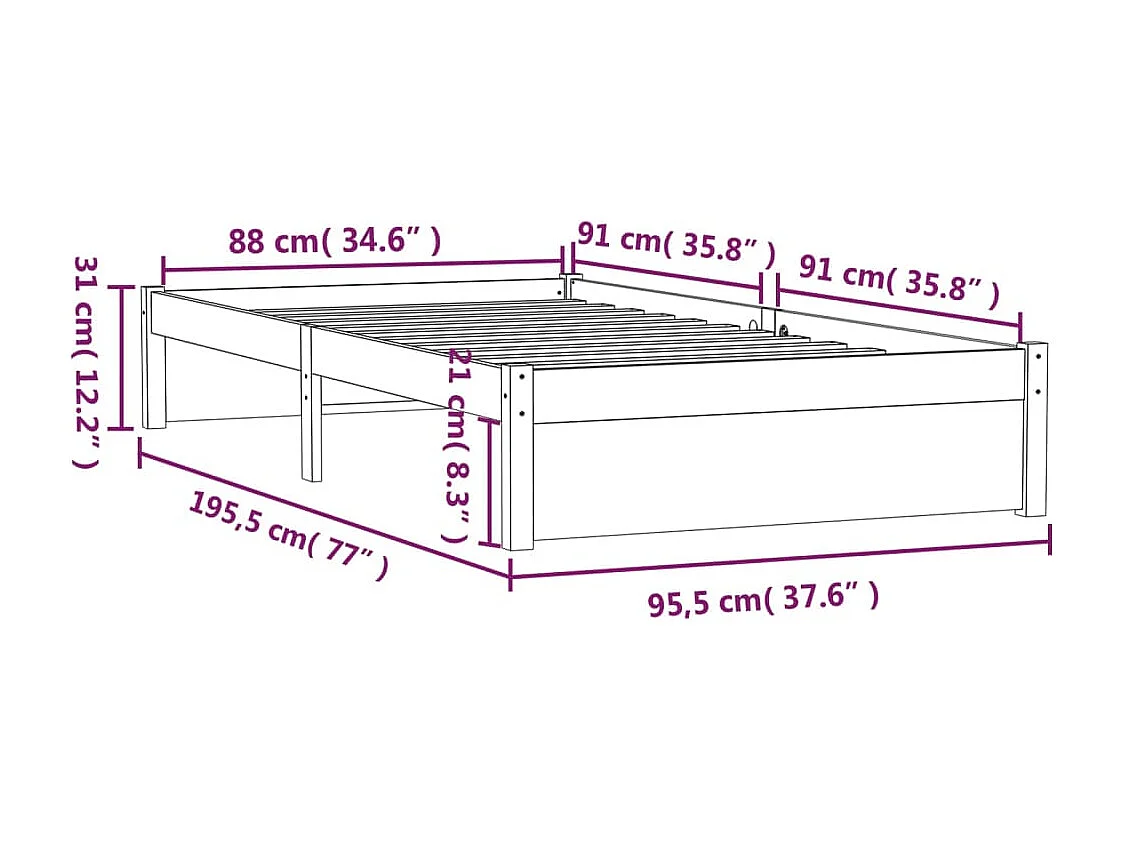 Lit simple | Lit adulte, enfant | Cadre de lit blanc bois massif 90x190 cm