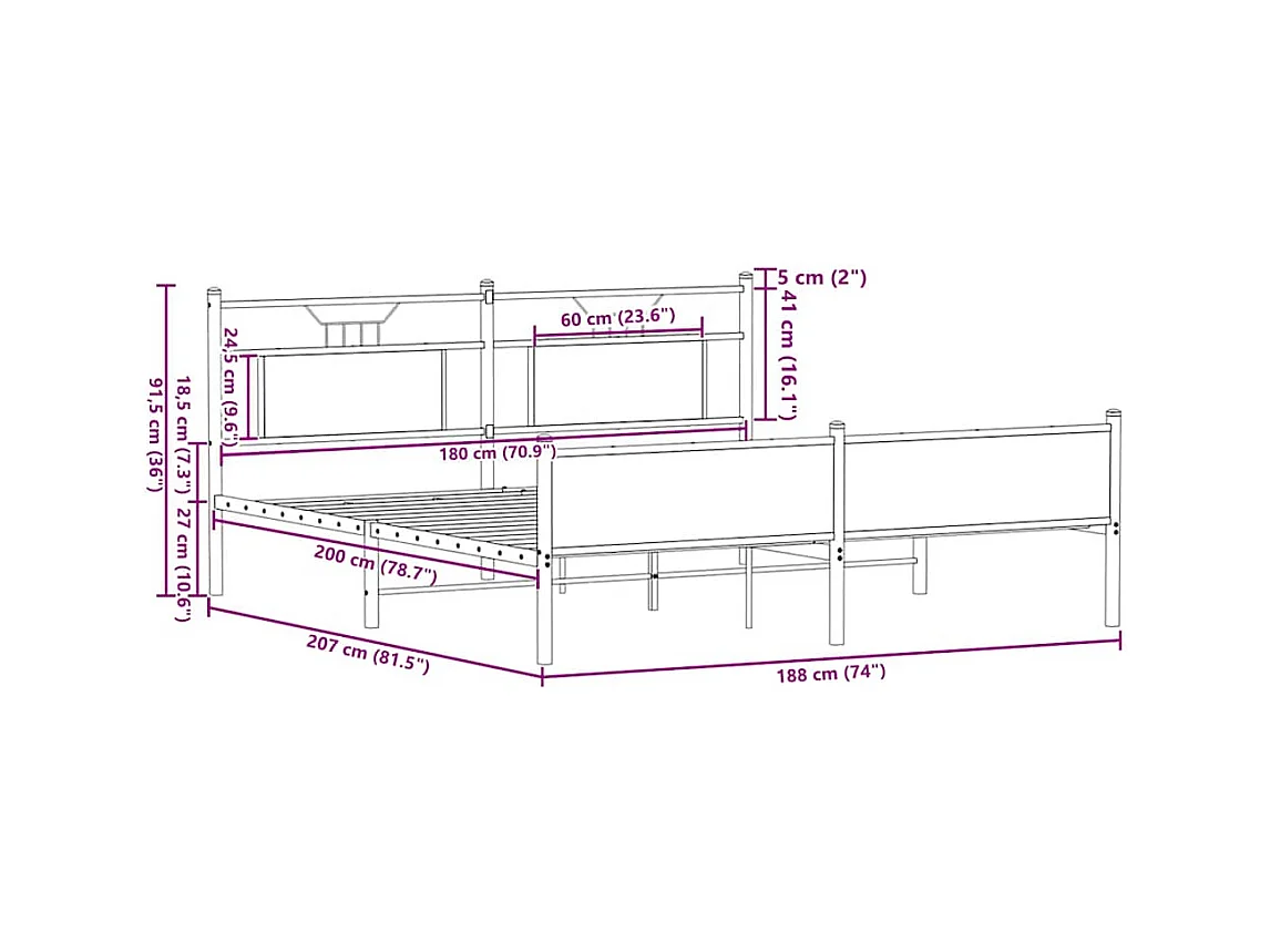 Letto per adulti | Letto matrimoniale | Giroletto senza Materaso in Metallo Rovere Sonoma 180x200 cm