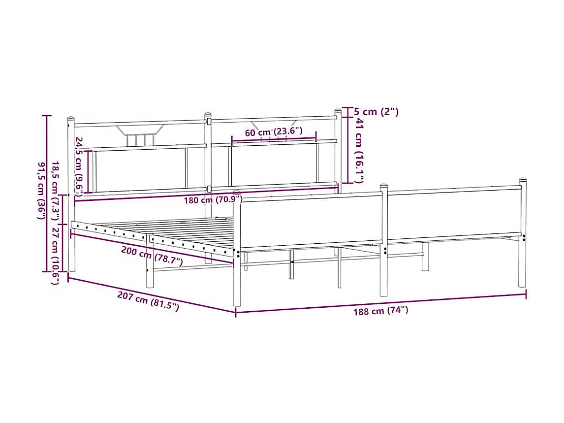 Letto per adulti | Letto matrimoniale | Giroletto senza Materaso in Metallo Rovere Sonoma 180x200 cm