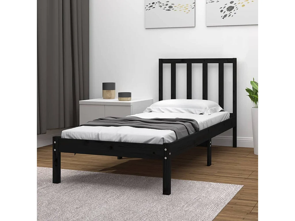 Lit simple | Lit adulte, enfant | Cadre de lit noir 75x190 cm bois de pin massif
