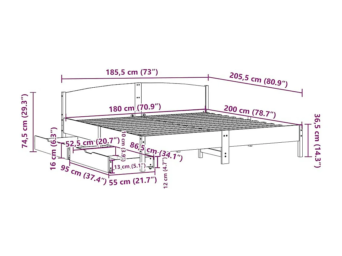 Lit double | Lit adulte | Cadre de lit blanc 180x200 cm bois massif de pin