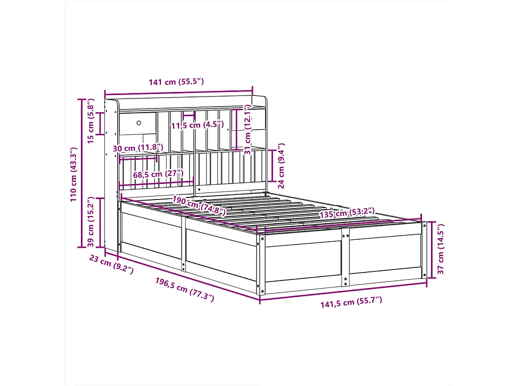 Lit double | Lit adulte | Cadre de lit 135x190 cm bois de pin massif