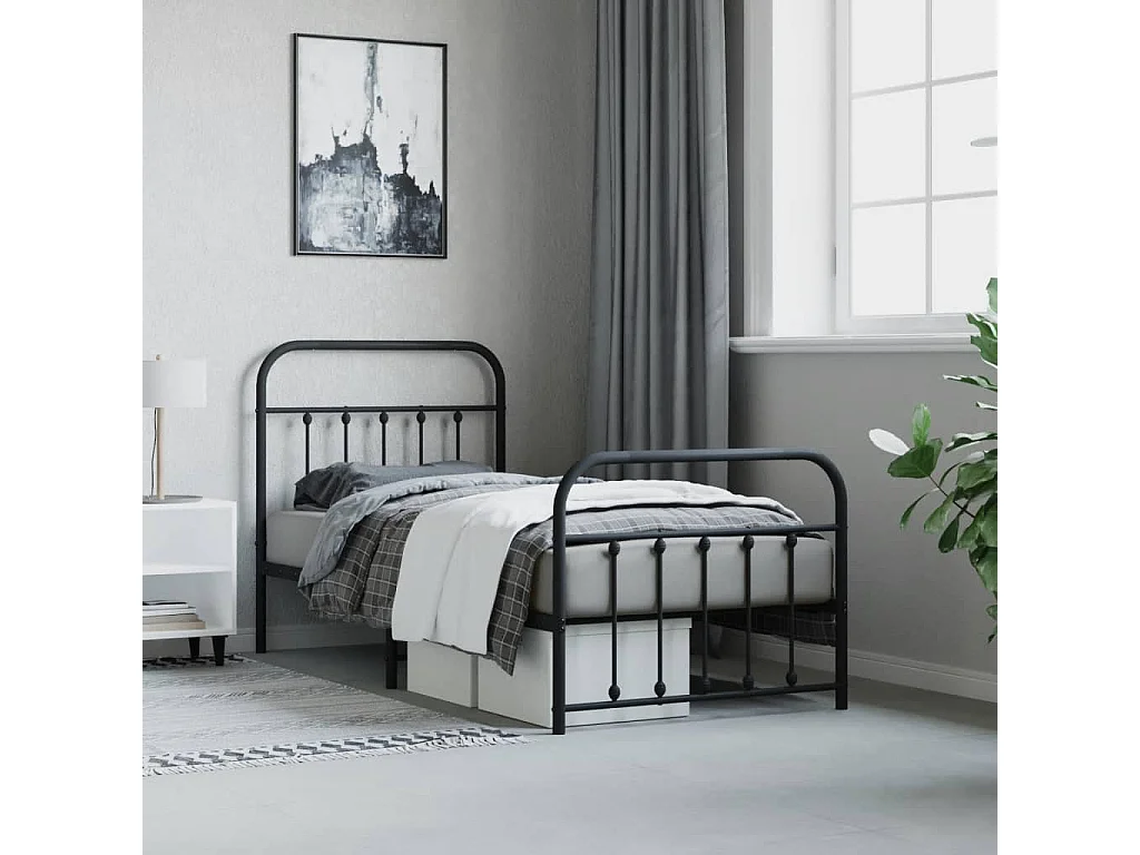 Lit simple | Lit adulte, enfant | Cadre de lit métal avec pied de lit noir 90x200 cm