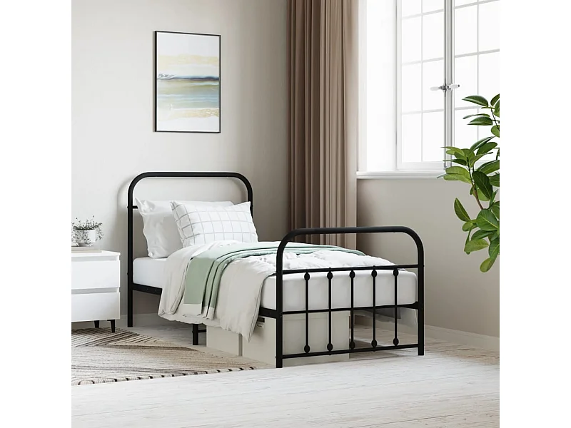 Lit simple | Lit adulte, enfant | Cadre de lit métal avec pied de lit noir 90x200 cm
