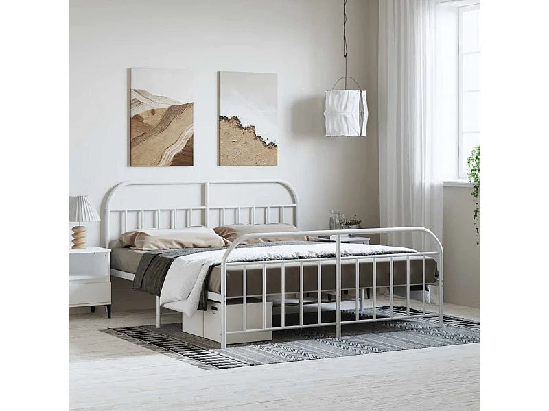 Lit double | Lit adulte | Cadre de lit métal et pied de lit blanc 183x213 cm
