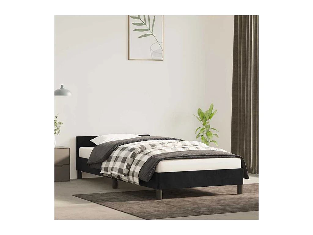 Lit simple | Lit adulte, enfant | Cadre de lit et tête de lit noir 90x200 cm velours