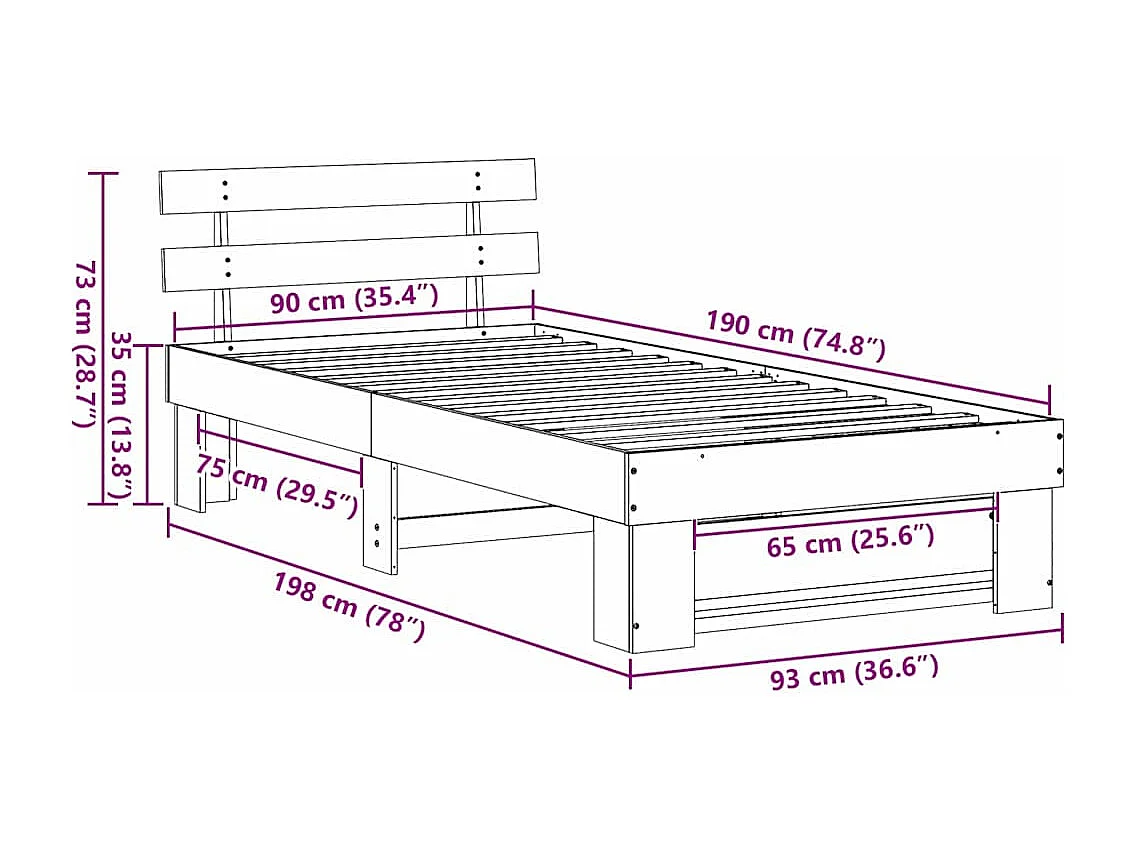 Lit simple | Lit adulte, enfant | Cadre de lit Blanc 90x190 cm Bois massif en pin