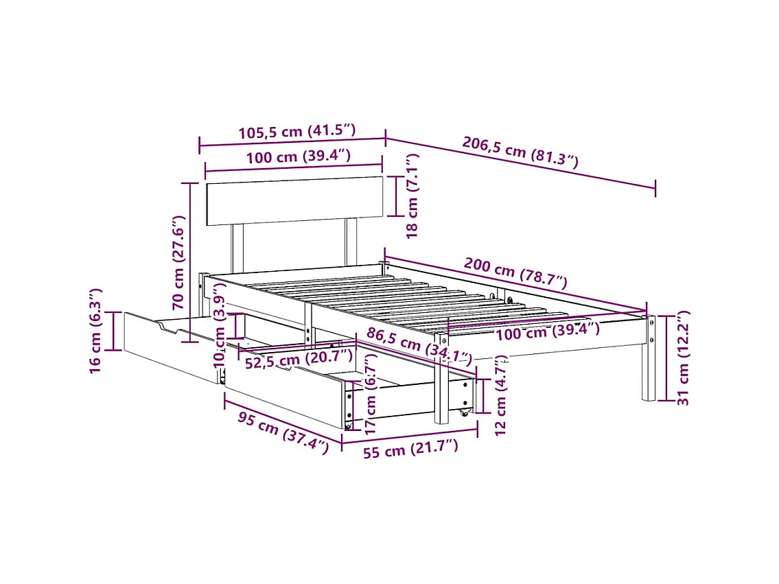Letto per adulti | Letto singolo | Giroletto senza Materasso Bianco 100x200 cm Legno Massello Pino